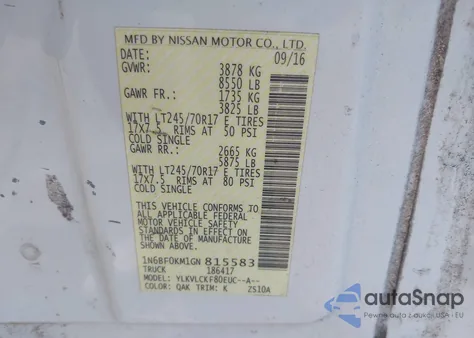 2016 Nissan Nv Cargo Nv1500 S V6 from USA, damaged, VIN 1N6BF0KM1GN815583